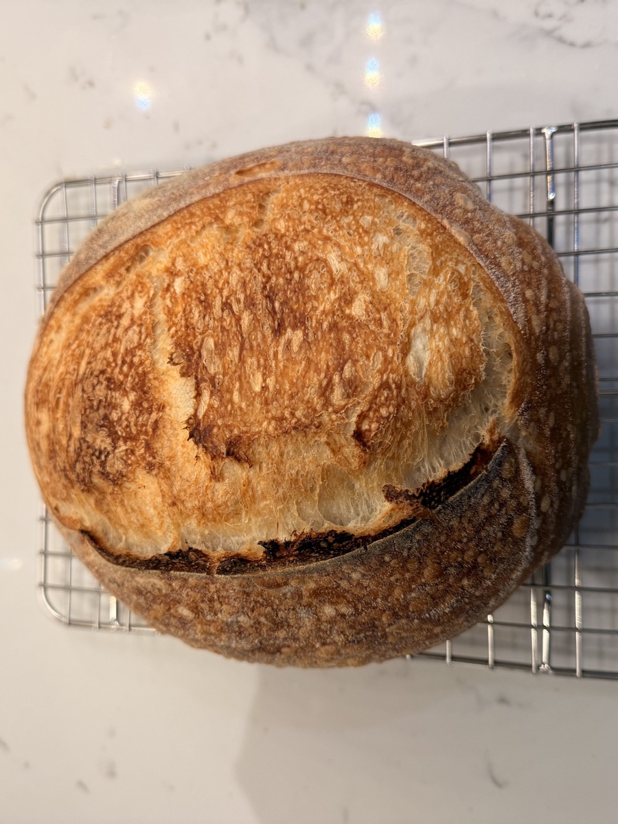 Finished sourdough loaf with deep golden brown crust and beautiful ear, cooling on a surface