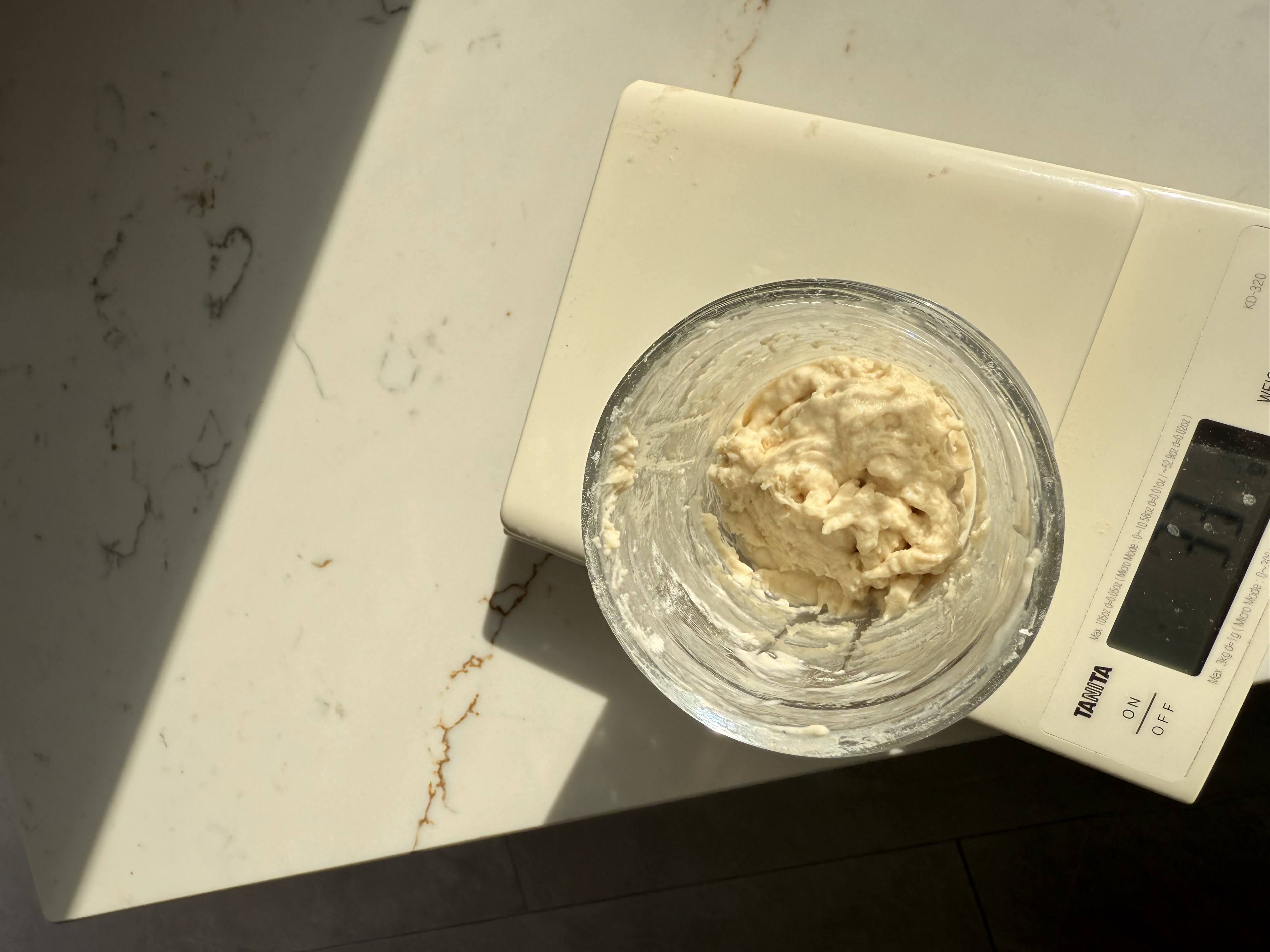 Sourdough starter mixed to a thick paste consistency after feeding