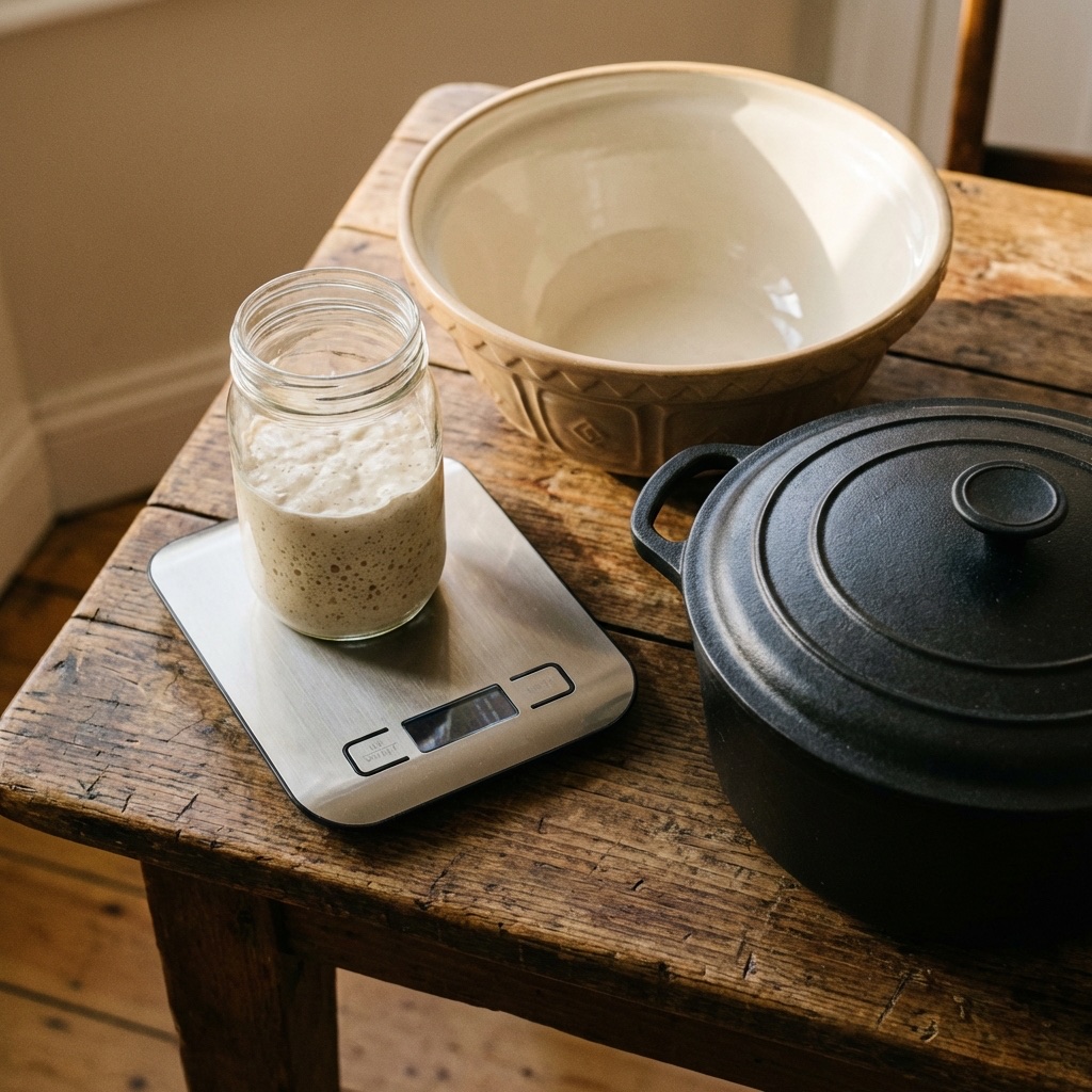 Flat lay of essential sourdough equipment