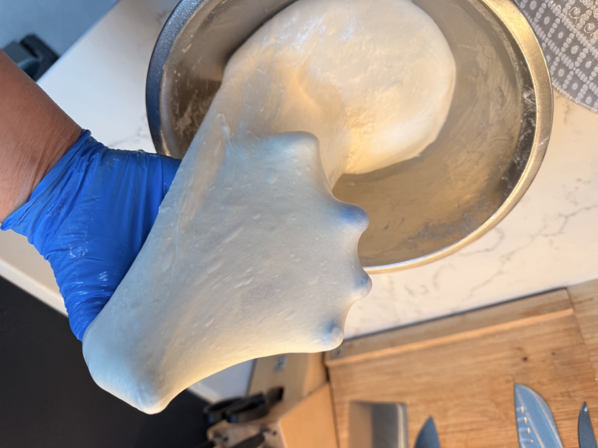 Dough stretched thin between gloved fingers, showing the translucent membrane of a passed windowpane test